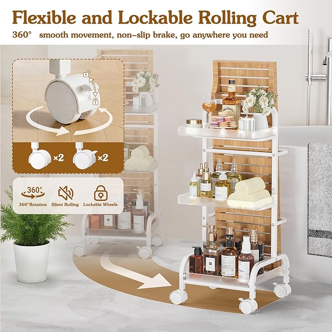 Bathroom Cart with Bathtub Tray Holder, Bathroom Organizers and Storage, Small Slim Shelf Organizer with Bath Tub Caddy Rack, 3 Tier Narrow Skinny Acrylic Rolling Cart for Laundry Room Living Room