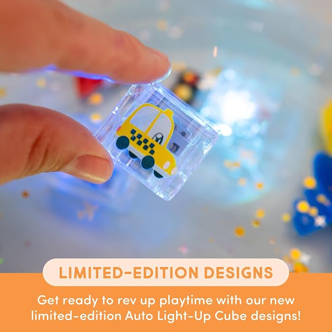 Glo Pals Water-Activated Light-Up Sensory Bath Toy Cubes for Bathtime and Sensory Play, Automobiles, Vibrant Light-Up Colored Cubes for Kids and Toddlers, Pack of 6