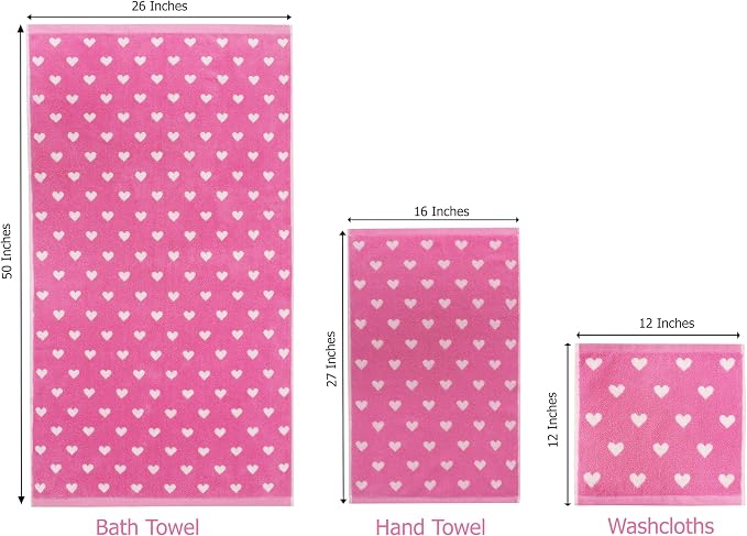 ORIGINAL KIDS 6 Piece Towel Set - Bath Time Hearts - 2 Bath Towels, 2 Hand Towels, 2 Washcloths - 100% Cotton Jacquard Colorful Soft Absorbent Pool Beach Kids Towel Gift - Pink White