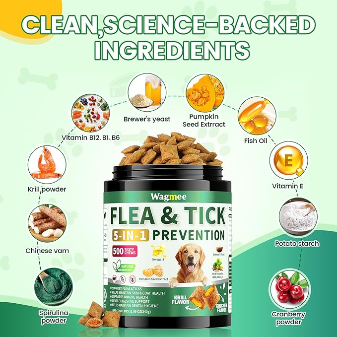Flea & Tick Prevention for Dogs Chews – 500 Tasty Chicken Flavor Soft Chews, with Pumpkin Seed Extract, Fish Oil, and Vitamins for Dogs, Puppies, All Breeds & Ages.