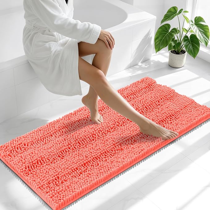 Smiry Thick Chenille Bathroom Runner Rugs 47x20, Extra Absorbent Striped Bath Mat, Machine Washable, Rubber Backing, Long Bath Rugs for Tub & Shower, Modern Home Decor Accessories, Coral