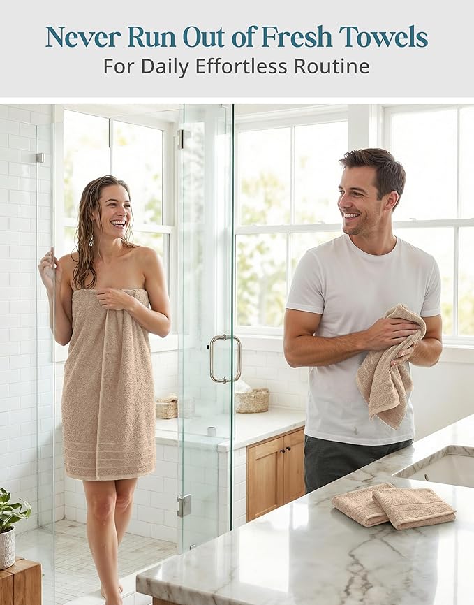 Casa Platino 100% Luxury Cotton Bathroom Towel Set 8 Pcs - Super Soft & Highly Absorbent - 2 Bath, 4 Washcloths, 2 Hand Towels for Bathroom - Oeko TEX Certified, Fade Resistant, Luxury Look - Beige