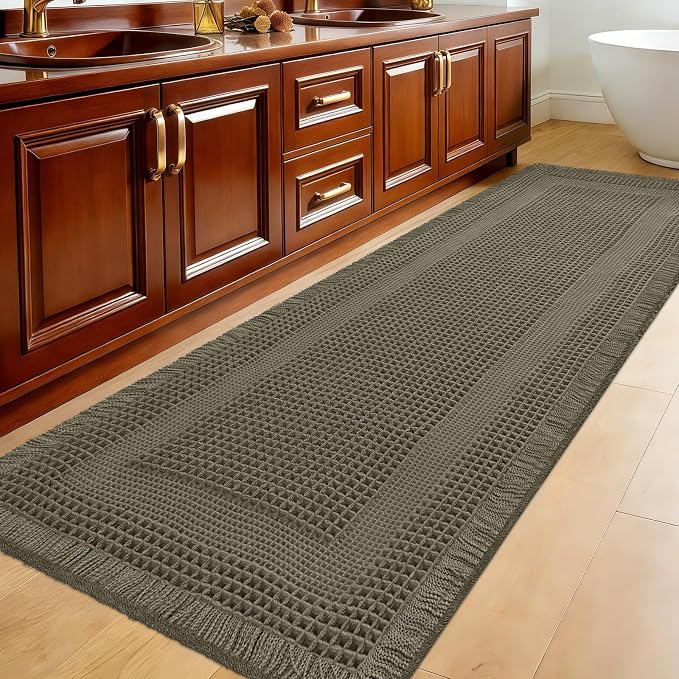 Extra Large Waffle Bath Mat, 6'x2' Greyish Green-Looped, Super Absorbent Non-Slip Quick Dry Bathroom Rugs with Tassels, Machine Washable Ultra Soft Boho Bath Rugs, Toilet Mats Boho Farmhouse Decor