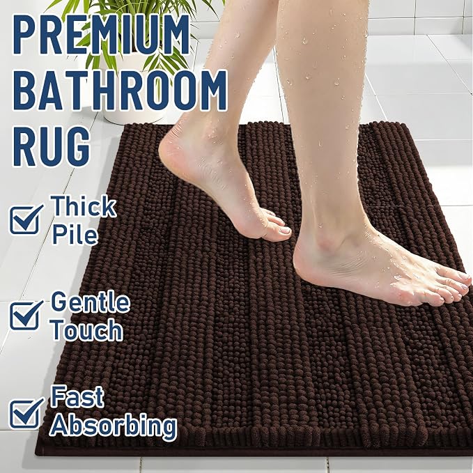 Grandaily Chenille Striped Bathroom Rugs 47x32, Extra Thick and Soft Absorbent Bath Mats, Rubber Backing, Plush Shaggy Shower Carpet, Machine Wash Dry, Bath Rug for Bathroom, Dark Brown