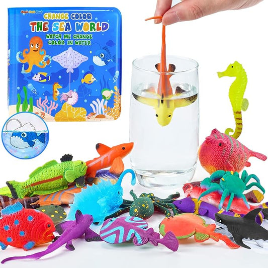 Color Changing No Hole Bath Toys for Kids Toddlers, Color Change Water Table Bathtub Toys Sea Creatures Rubber Fish for Kids & 2 Glow in The Dark Ocean Animal with Bath Book