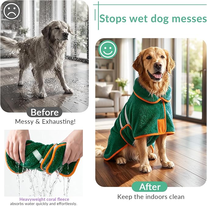 Bienbee Dog Bathrobe, Quick Drying Super Absorbent Pet Robes for Small Medium Large Dogs, Drying Coat for After Bath & Swim, Warm & Cozy Dogs Towels, Dog Puppy Bath Supplies, Green XL