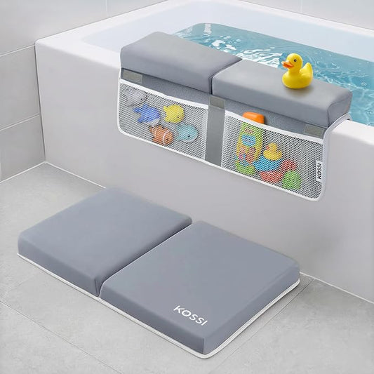 Bath Kneeler and Elbow Rest Pad Set - 1.5" Thick Comfortable and Painless Foam Mat - Baby Bath Kneeling Pad with Toy Organizer Pockets - Quick Drying, Foldable, Non-Slip for Baby and Toddler Bathing