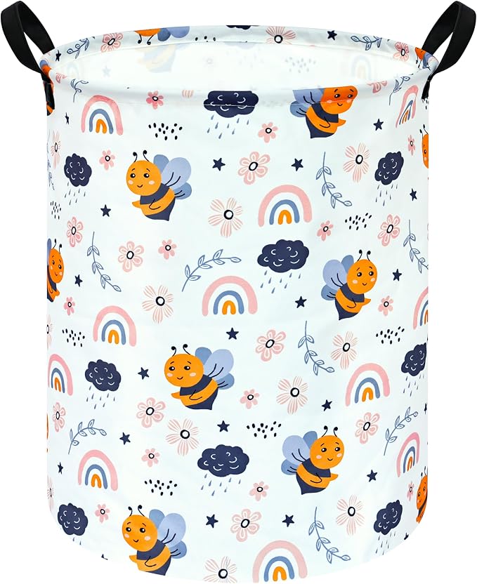 MAIZMZ Rainbow Bee Print Canvas Laundry Basket,Waterproof Storage Bin with Handles 15.7" D×19.7" H Foldable Toy Organizer Decor Gift Basket for Kids' Bedroom & Home Organization