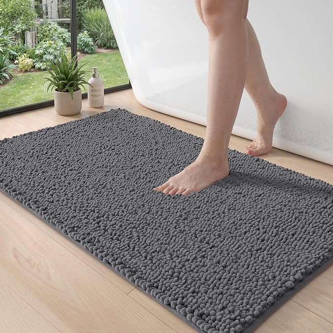 DEXI Bathroom Rugs 43x24, Super Soft Thick Chenille Absorbent Bath Mat, Non Slip Machine Washable Fluffy Shag Bathmat for Sink, Tub, Shower Floor, Grey