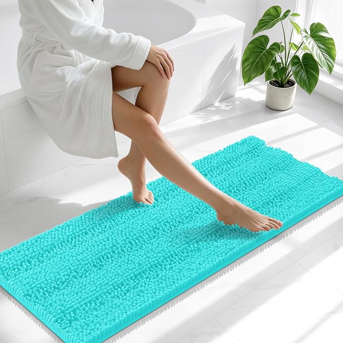Smiry Thick Chenille Bathroom Runner Rugs 47x17, Extra Absorbent Striped Bath Mat, Machine Washable, Rubber Backing, Long Bath Rugs for Tub & Shower, Modern Home Decor Accessories, Teal