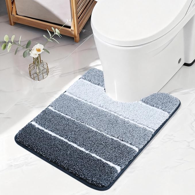 COSY HOMEER Toilet Rugs U-Shaped 24"x20", Ultra Soft Absorbent Bath Mat with Non-Slip TPR Backing, Machine Washable Shaggy Rug for Toilet, Dark Blue & White