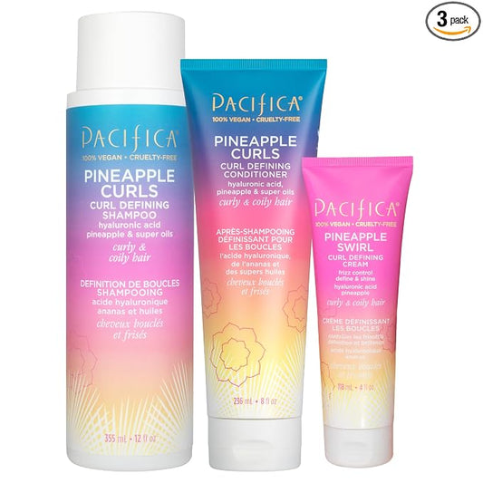 Pacifica Beauty Pineapple Curls 3-Step Hair Care Kit: Curl Defining Shampoo + Conditioner + Pineapple Swirl Curl Cream – Enhances Curls, Reduces Frizz, Vegan & Silicone-Free