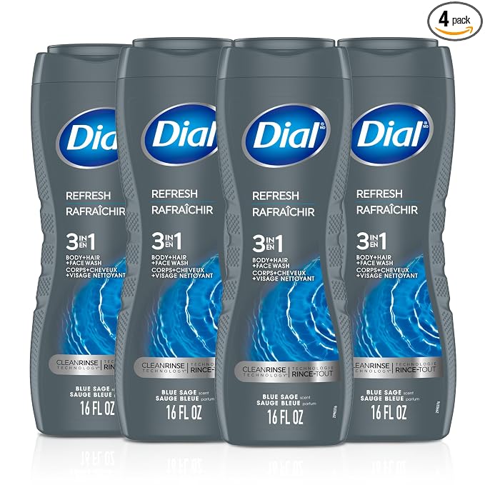 Dial Men 3 in 1 Body, Hair and Face Wash, Refresh, 16 Fl Oz (Pack of 4), Blue Sage Scent, Cleanses Deep + Gentle on Skin with Clean Rinse Technology