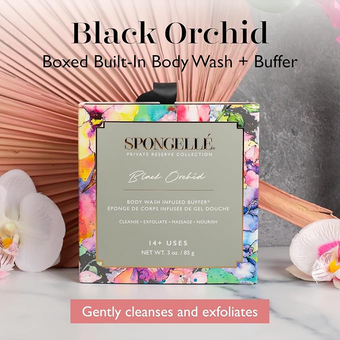 Spongellé Black Orchid Wild Flower Bath Sponge with Box for Mothers Day Gift | Built-in Body Wash & Body Scrubber, Shower Loofah Sponge for Women | 14+ uses