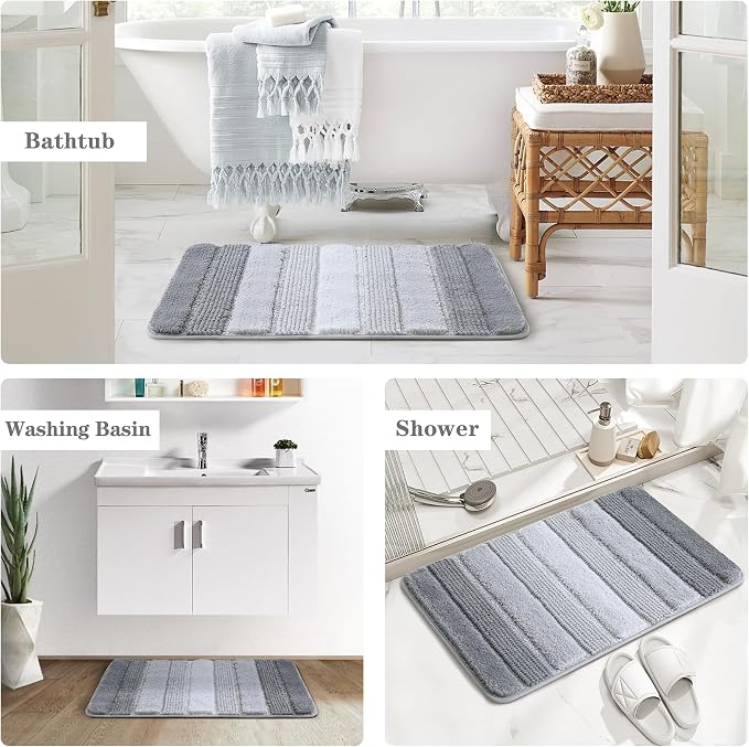 Kmson Ombre Chenille Bathroom Rugs, 24"x36" Non-Slip Bath Mat for Shower Floor & Bathtub, Ultra Soft Washable Shaggy, Fluffy Thick Water Absorbent Microfiber Grey