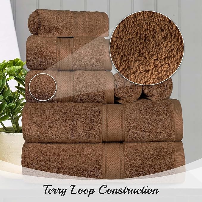 SUPERIOR Egyptian Cotton Ultra Plush & Absorbent, 8 Piece Set, Chocolate | Quick Dry, Soft Luxury Towel Set, Bath Essentials, Guest Bath, Spa, 2 Bath, 2 Hand, 4 Face Towels, Madeline Towels