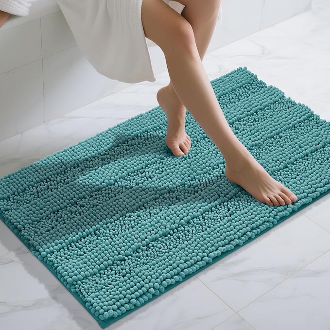 Yimobra Bathroom Rug Mat 44 x 24, Non Slip and Super Absorbent Bath Mat,Machine Washable Quick Dry,Ultra Plush Chenille Shower Rugs for Bathroom Floor Sink Tub and Shower Outside,Teal Blue