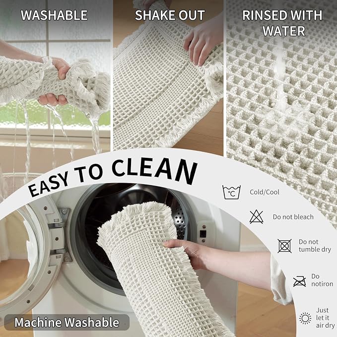 Waffle Bath Mat - Super Water Absorbing Bath Mat Quick Dry, Bathroom Rugs Non Slip Washable with Tassels, Rubber Backed Bathroom Mat for Bathroom Floor, Tub and Shower, 24" x 72", Off-White