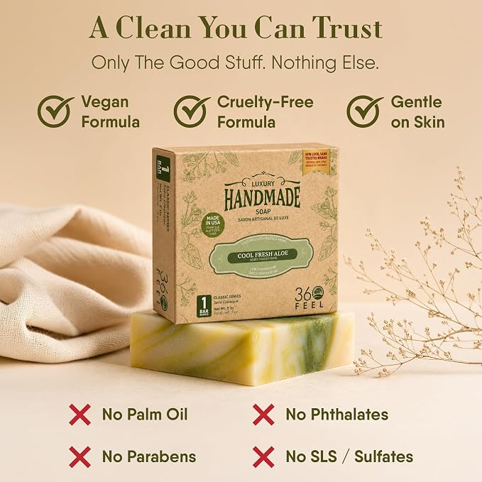 360Feel Cool Fresh Aloe Soap - Made in The USA - Castile Handmade, All-Natural Cold-Processed - Infused with Aloe Vera for Refreshing Cleanse and Creamy Rich Lather (5 oz)