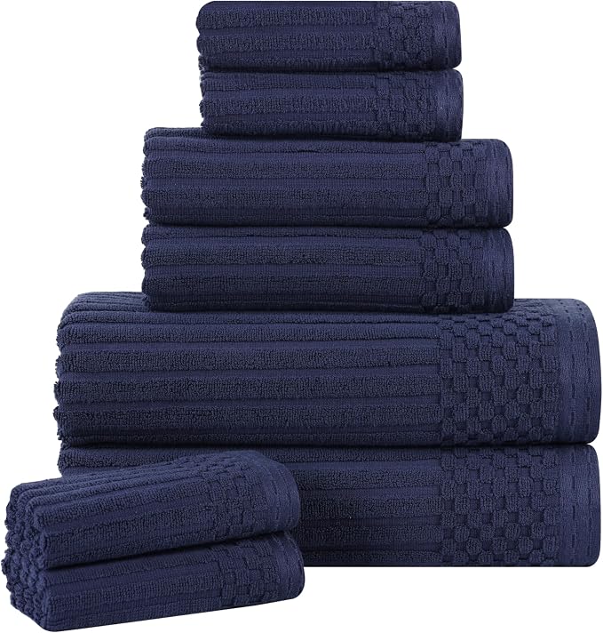 Superior Cotton 8-Piece Solid and Ribbed Towel Set, Face Towels 13” x 13”, Hand Towels 16” x 28”, Bath Towels 27” x 54”, Navy Blue