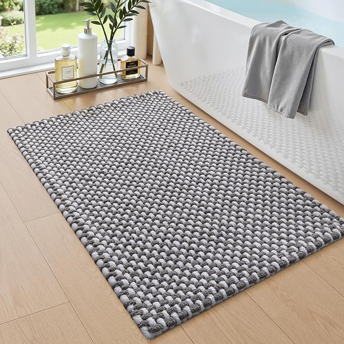 DEXI Bathroom Rugs 36x24, Non Slip Washable Bath Mat, Absorbent Chenille Bathmat, Ultra Soft Thick Carpet for Tub Shower Floor, Grey and White