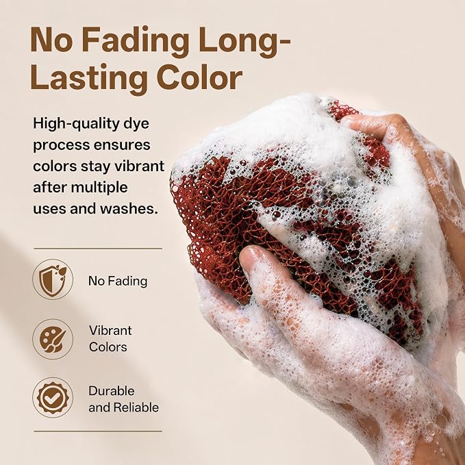 African Net Sponge for Shower, 2PCS Exfoliating Shower Sponge with Waterproof Travel Bag, Quick-Drying African Wash Cloth for Deep Cleansing & Smooth Skin (Rust Red & Light Grey)