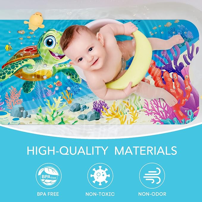 SHUCHING Baby Bath Mat for Tub Non Slip-40x16 Inch, Sea Turtle | Bathtub Mat for Kids & Toddler Mold Free, Long Shower Mat for Inside Shower with Suction Cup, Machine Washable