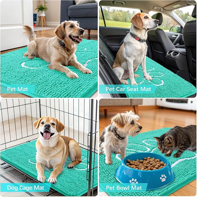 OLANLY Dog Door Mat for Muddy Paws 24x16, Paw Print Design, Absorbs Moisture and Dirt, Absorbent Non-Slip Washable Doormat, Quick Dry Chenille Mud Mat for Dogs, Entry Indoor Entryway Carpet, Teal