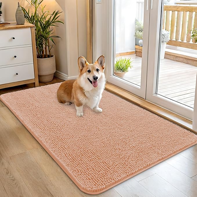 OLANLY Dog Door Mat for Muddy Paws 45x27, Absorbs Moisture and Dirt, Absorbent Non-Slip Washable Doormat, Quick Dry Chenille Mud Mat for Dogs, Entry Indoor Entryway Carpet for Inside Floor, Peach