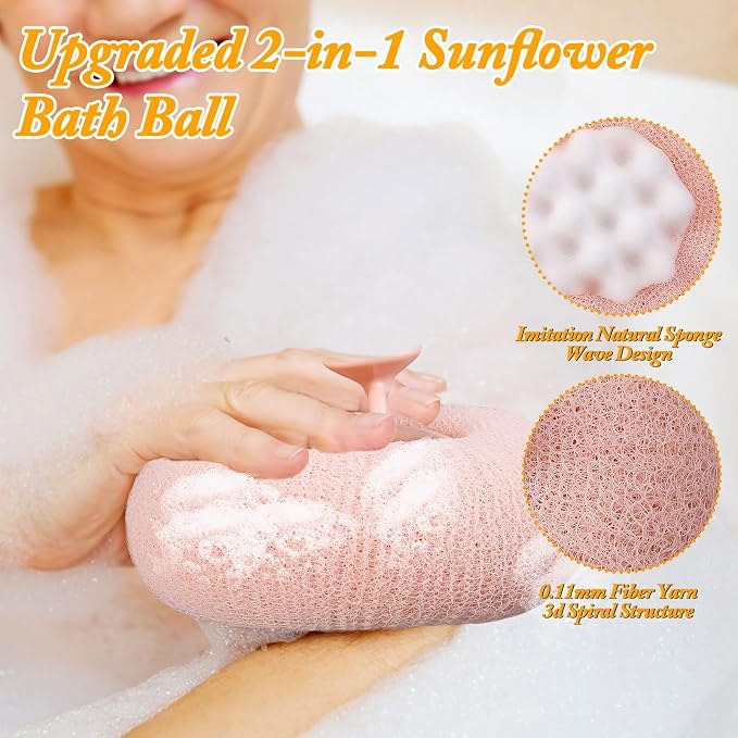 4Pcs New Upgrade 2-in-1 Sunflower Bath Ball, Ultra Soft Bath Sponge Cleaning Brush, Suction Cup Bath Ball with Finger Rings,Exfoliating Shower Loofah Sponges(Pink+Blue-Green+Beige+Purple)