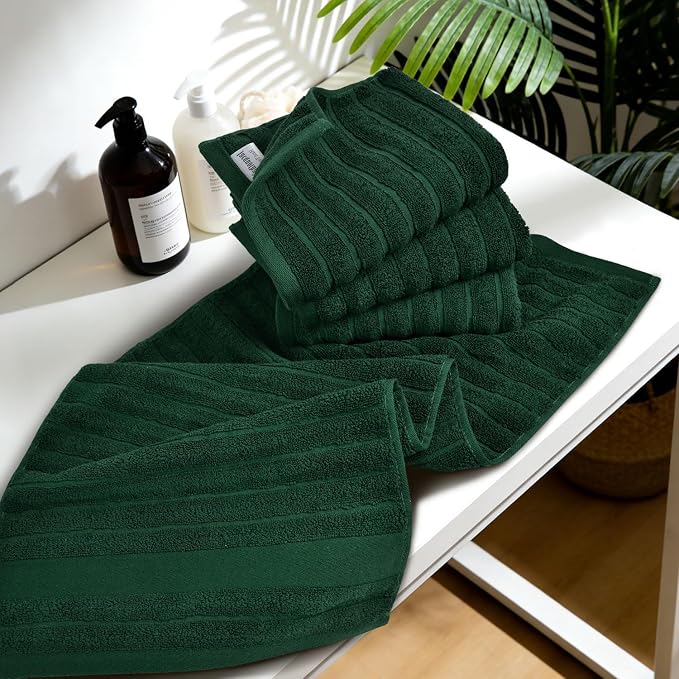 Jacquotha 4-Pack Hand Towels (Forest Green) Ribbed – Kitchen & Bathroom Premium Cotton Towels 13” x 29”, Soft and Quick Drying 480 GSM