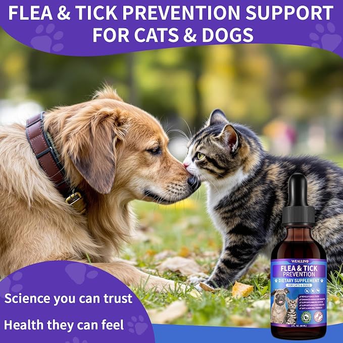 WEALLIN Flea and Tick Support for Dogs and Cats Natural Flea Treatment Drops with Multivitamin for Pets Oral Flea & Tick Prevention for Dogs and Cats Flea Herbal Drops for All Breeds and Ages