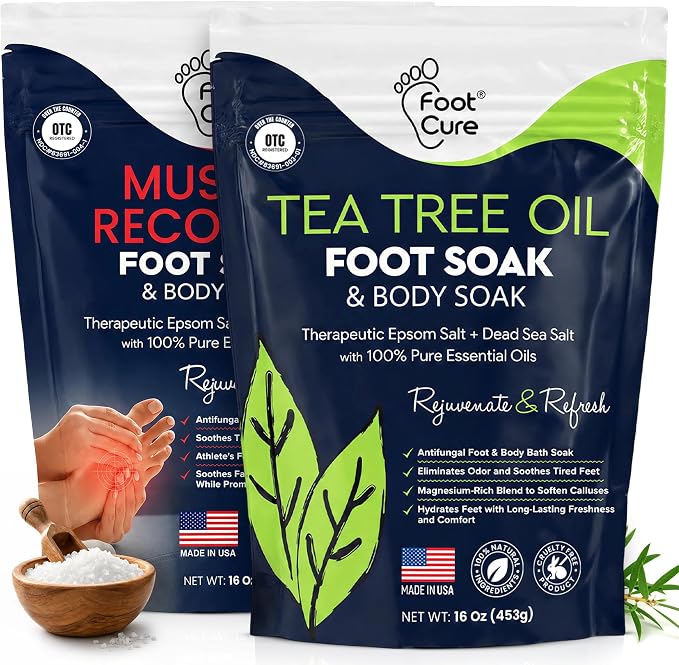 FOOT CURE Tea Tree Oil & Muscle Foot Soak with Epsom Salts - All-Natural Salts for Post-Workout Recovery - Softens Calluses, Soothes Sore & Tired Feet, Foot Odor Control, Spa Pedicure (Pack of 2)
