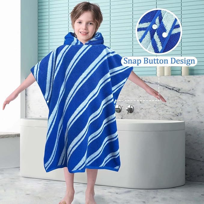 VOOVA & MOVAS Kids Hooded Poncho Towels (4-8Years,27.5"x27.5"),100% Cotton Soft Absorbent Towel for Boys,Perfect for Bathroom | Pool | Beach | Swimming, Jacquard Blue Stripe