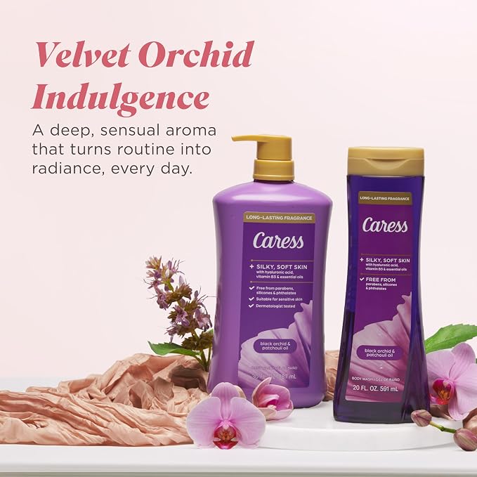 Caress Black Orchid & Patchouli Oil Body Wash with Pump, Hyaluronic Acid & Vitamin B3 for Moisturized, Silky Soft Skin, Long-Lasting Exotic Fragrance, 30 fl oz (4 Pack)