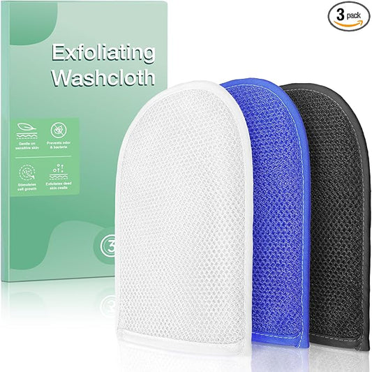 African Net Sponge Exfoliating Gloves, 3-Pack Bath Mitts for Deep Cleaning & Dead Skin Removal, Assorted Colors （Black, Blue, White）
