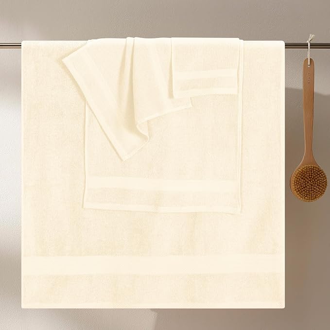 GLAMBURG Ultra Soft 8-Piece Towel Set - 100% Pure Ringspun Cotton, Contains 2 Oversized Bath Towels 27x54, Hand 16x28, 4 Wash Cloths 13x13 Ideal for Everyday use, Hotel & Spa Ivory Cream