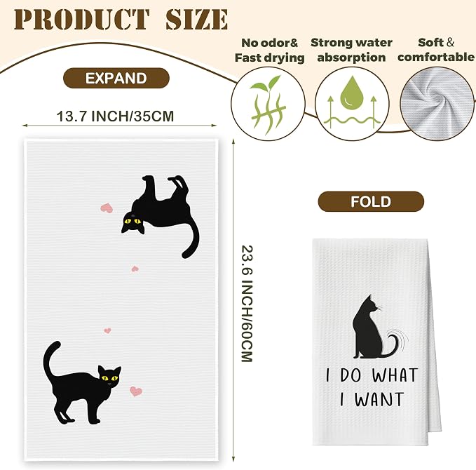 Kitchen Towels Set of 2, Black Cat Dish Towel for Kitchen, Decorative Hand Towels for Bathroom, Fast Drying Tea Towel with Funny Sayings, Housewarming Gifts for Cat Lover Women Mom -B05