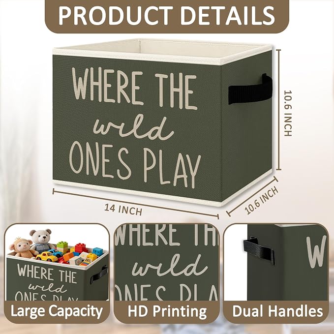 Green Boho Classroom Foldable Storage Bins Box with Handles, Where the Wild Ones Play Collapsible Organizer Basket for Kids Nursery Classroom Bedroom Playroom Toys Books