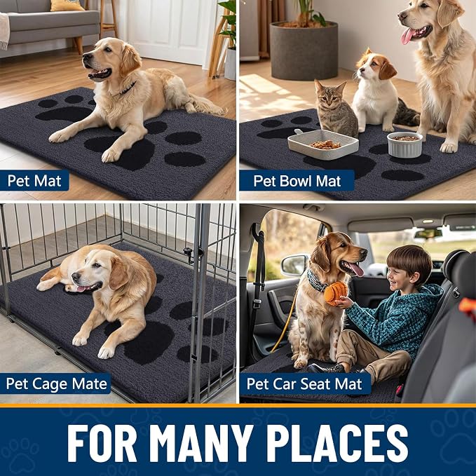 Smiry Dog Door Mat for Muddy Paws, Absorbs Moisture and Dirt, Low-Profile Entryway Mat with Non-Slip Backing, Entry Indoor Outdoor Doormat for Inside Floor (48x32 Inches, Black, Paw