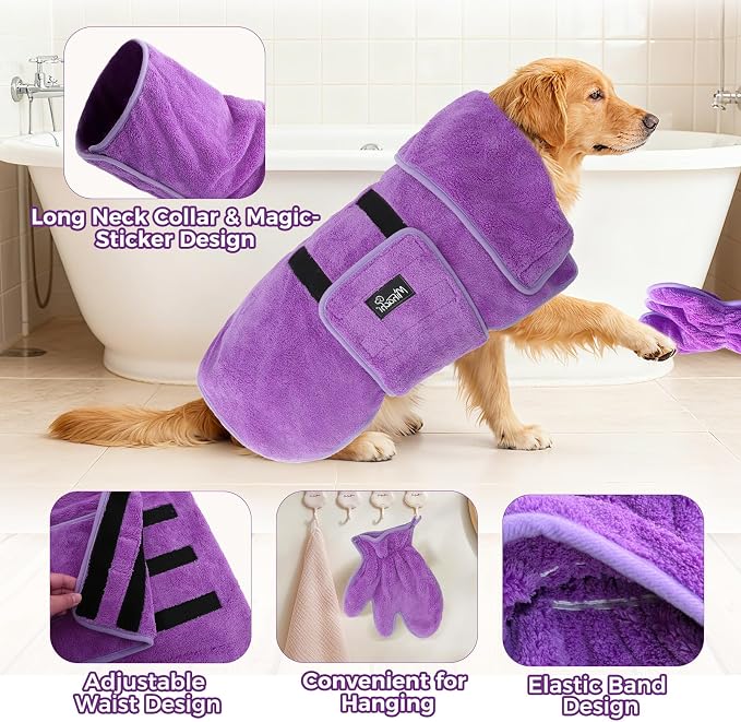 Mihachi Dog Bathrobe Towel Wrap Fast Drying with Drying Gloves Set, Super Absorbent Coral Fleece Dog Drying Coat Bath Robe for Puppy, Medium & Large Dogs, Adjustable Collar & Belly Strap, Purple S