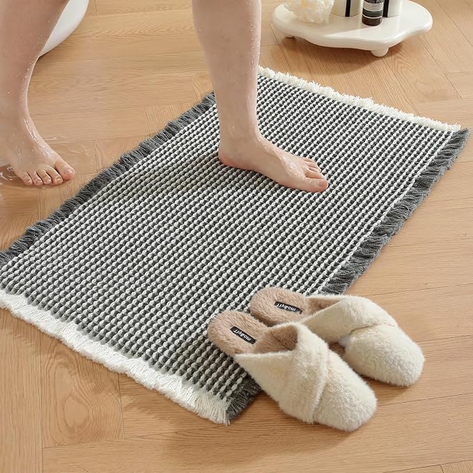 Waffle Bath Mat - Super Water Absorbing Bath Mat Quick Dry, Bathroom Rugs Non Slip Washable, Rubber Backed Bathroom Mat for Bathroom Floor, Tub and Shower, 17" x 24", Dark Grey & White
