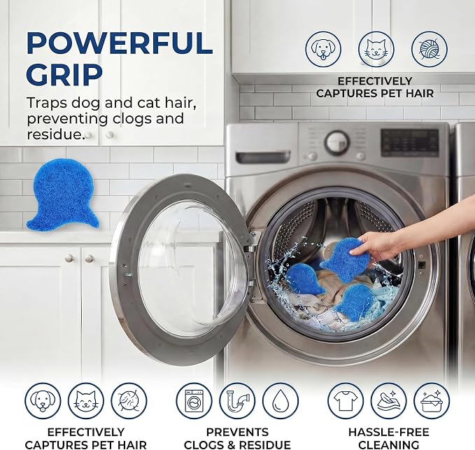 6 Pack Pet Hair Remover for Laundry – Reusable Blue Dog & Cat Fur Catcher for Washing Machine and Dryer, Effectively Traps Lint, Dander from Clothes, Bedding, and Furniture