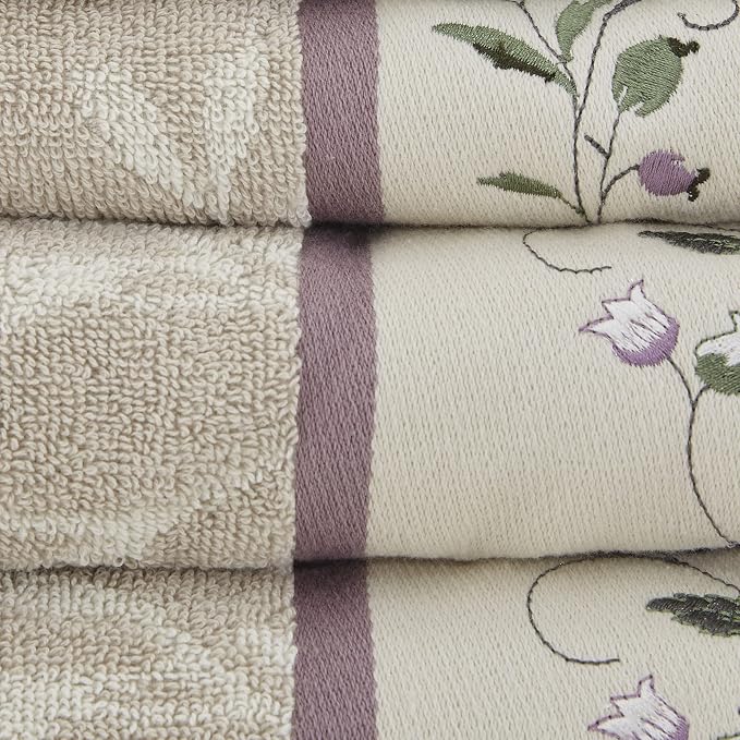 Madison Park Serene 100% Cotton Bath Towel Set Luxurious Floral Decorative Towels for Bathroom Embroidered Cotton Jacquard Design Soft Highly Absorbent for Shower 600 GSM, Multi-Sizes, Purple 6 Piece