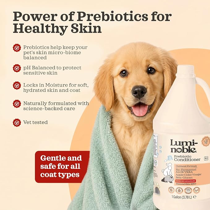 Lumi-Noble Vegan Prebiotic Cat & Dog Conditioner Detangler- Hypoallergenic Puppy & Dog Conditioner with Oatmeal & Vanilla Formula– Detangling & Moisturizing for Sensitive Skin – Gallon Size
