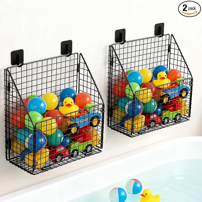 Greentainer 2-Pack Bath Toy Storage Organizer, Large Foldable Bathtub Toy Holder with Drainage, No Drill Adhesive Wall Mounted Rustproof Metal Wire Basket for Bathroom Tub & Shower Toys