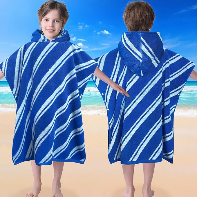 VOOVA & MOVAS Kids Hooded Poncho Towels (4-8Years,27.5"x27.5"),100% Cotton Soft Absorbent Towel for Boys,Perfect for Bathroom | Pool | Beach | Swimming, Jacquard Blue Stripe