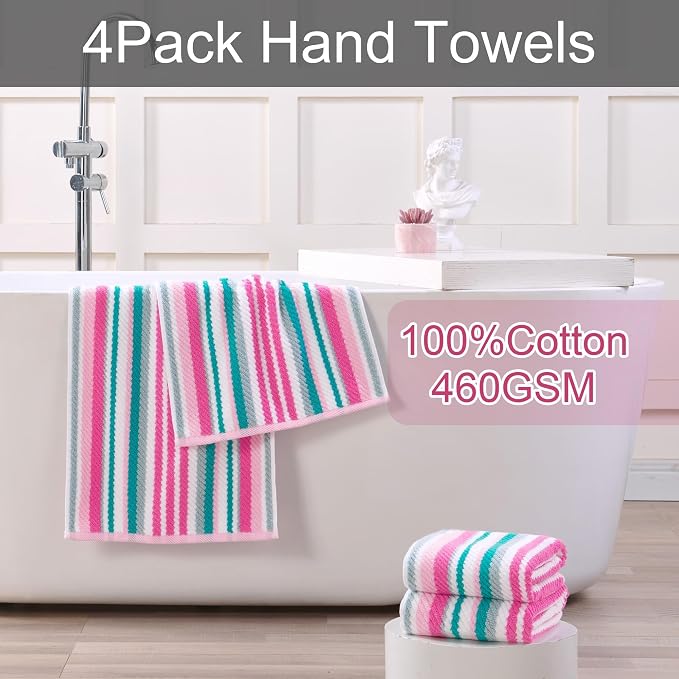 VOOVA & MOVAS Cotton Hand Towels Set of 4, 16"x27" - Quick Dry, Soft & Absobent & Lightweight, Striped Hand Towels for Bathroom & Showering, Luxury Towel Gift Set, Pink and Teal Stripe