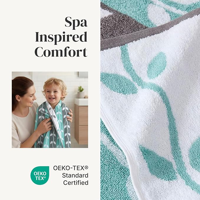 Amrapur Overseas Modern Threads 6 Piece Bath Towel Set – Bathroom Set with 2 Bath Towels, 2 Hand Towels, and 2 Wash Cloths – 100% Cotton, Super Absorbent & Extra Soft – Reversible Natural Vine (Aqua)
