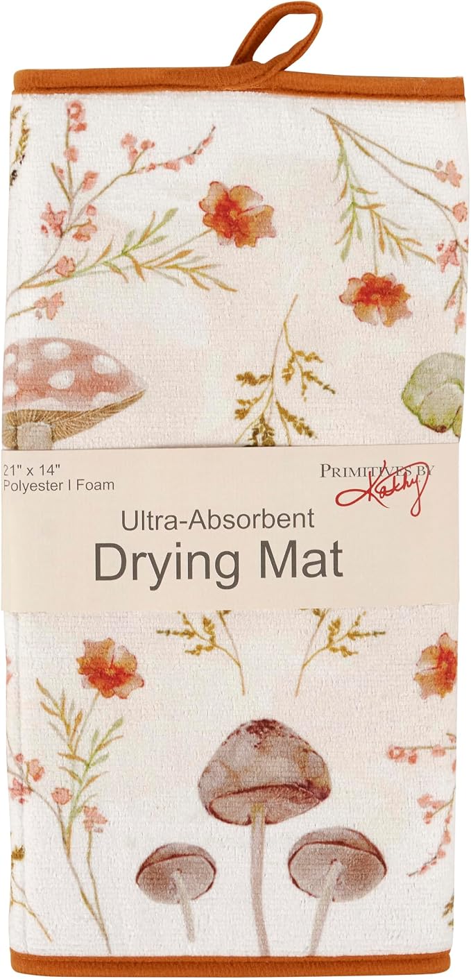 Primitives by Kathy Stylish Kitchen Drying Mat, Full Color Mushroom and Wildflower Art, 21" by 14", Folds for Easy Storage, Machine Washable, Hanger for Air Dry, Garden Themed Kitchen Accessory